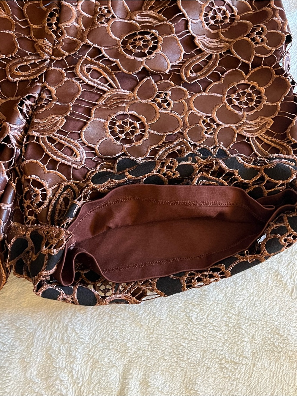 Anthropologie faux leather lace floral shorts Lined. Front zip Chocolate color 6 - Picture 11 of 12